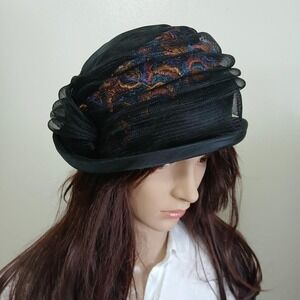 Vintage 60s mod black turban beehive hat with metallic multicolored embroidery
